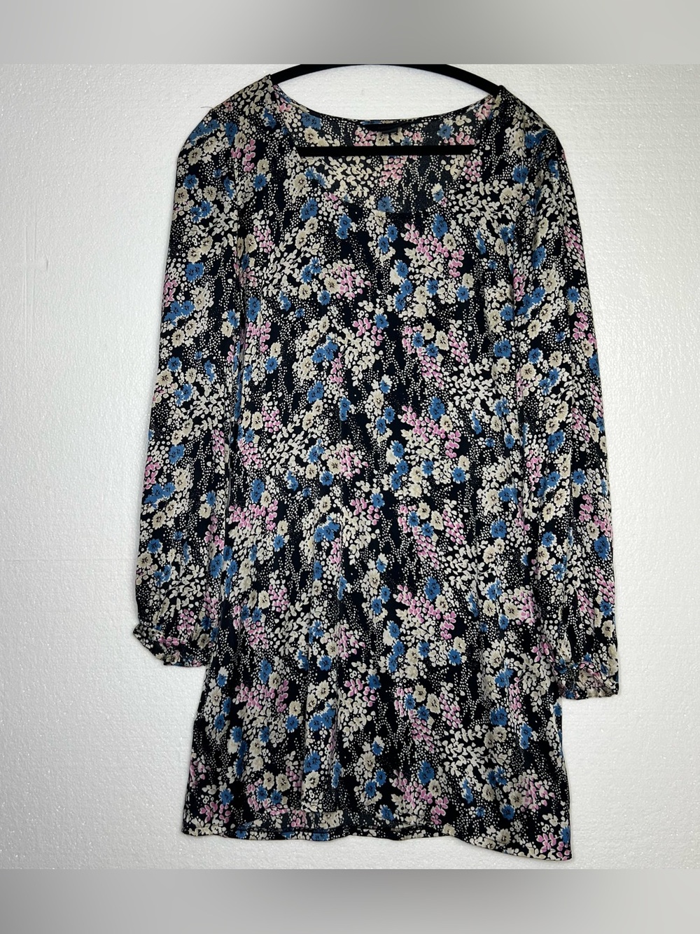 Vintage Express Slip Dress Long Sleeves Black Blue Ditsy Floral Y2K Sz S